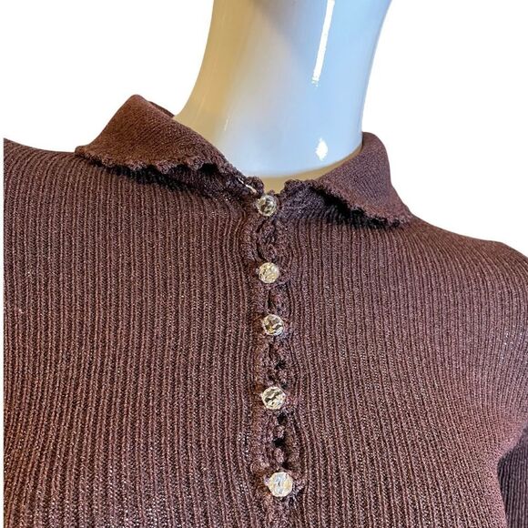 Vintage 60s Goldworm Knit Ribbed Crochet MIDI Chocolate Brown Sweater Dress XS - Picture 10 of 17